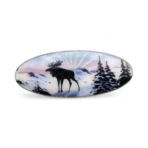 Norway Aksel Holmsen Guilloche Enamel Sterling Silver Moose Scene Brooch 3.6 G: Norway Aksel Holmsen Guilloche Enamel Sterling Silver Moose Scene Brooch 3.6 g