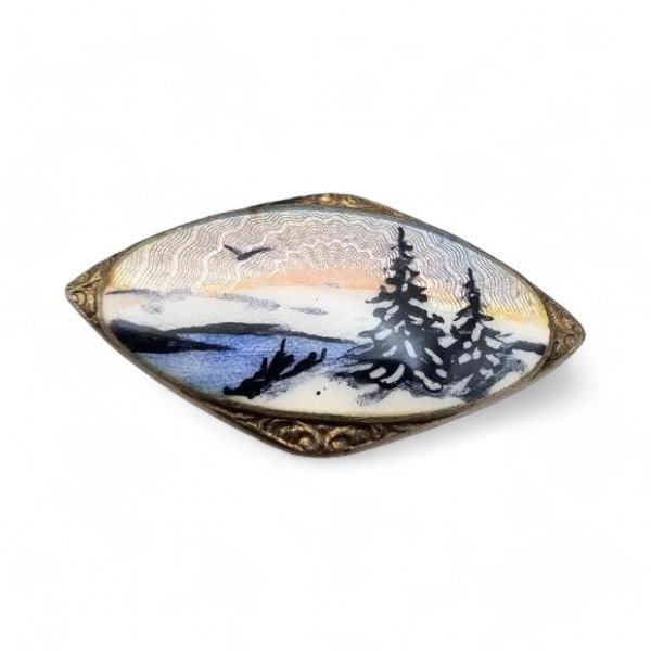 Norway O.F. Hjortdahl Guilloche Enamel Sterling Silver Winter Scene Brooch 3.3 G: Norway O.F. Hjortdahl Guilloche Enamel Sterling Silver Winter Scene Brooch 3.3 G
