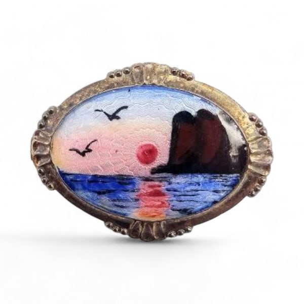 Norway Arne Nordlie Guilloche Enamel Sterling Silver Ocean Scene Brooch 6.5 G: Norway Arne Nordlie Guilloche Enamel Sterling Silver Ocean Scene Brooch 6.5 G