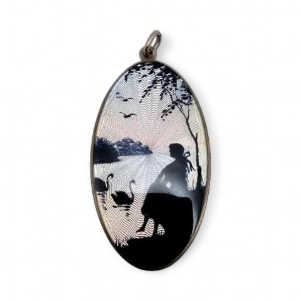 Norway Aksel Holmsen Guilloche Enamel Sterling Silver Girl with Swans Pendant 7.9 G: Norway Aksel Holmsen Guilloche Enamel Sterling Silver Girl with Swans Pendant 7.9 G
