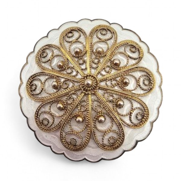 Norway H Ivar T Holth Guilloche Enamel Sterling Silver White Scalloped Brooch 22.1 G: Norway H Ivar T Holth Guilloche Enamel Sterling Silver White Scalloped Brooch 22.1 G