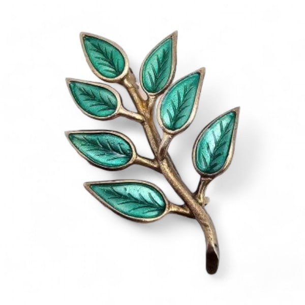 Norway Albert Scharning Guilloche Enamel Sterling Silver Green Leaf Brooch 4.9 G: Norway Albert Scharning Guilloche Enamel Sterling Silver Green Leaf Brooch 4.9 G