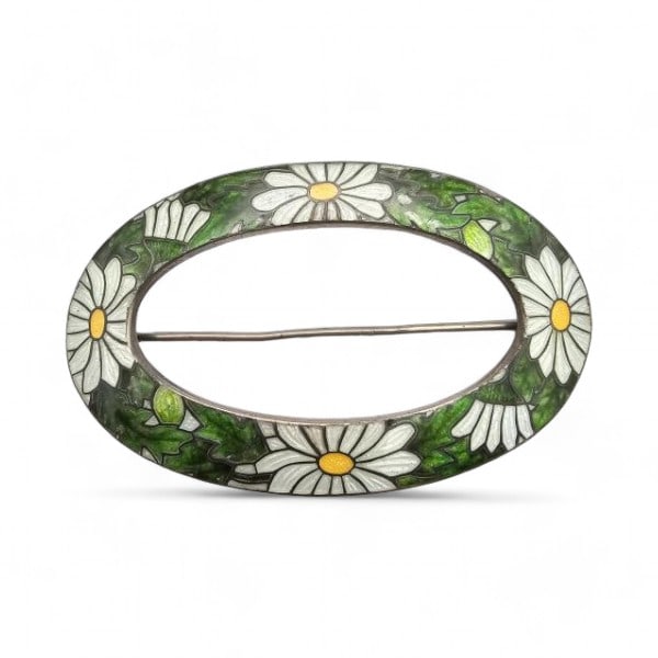 Norway N.M. Thune Cloisonne Enamel Sterling Silver Large Daisy Flower Brooch 25.2 G (1 of 3)
