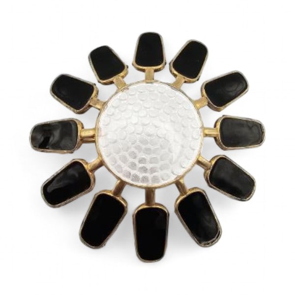 Norway Aksel Holmsen Guilloche Enamel Sterling Silver White and Black Mid Century Brooch 13.7 G: Norway Aksel Holmsen Guilloche Enamel Sterling Silver White and Black Mid Century Brooch 13.7 G
