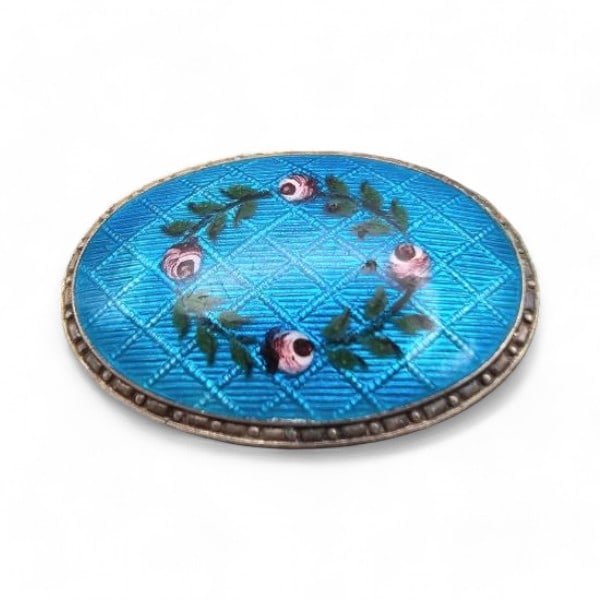 Vintage JA &S Guilloche Enamel Sterling Silver Floral Brooch 6.3 G: Vintage JA & S Guilloche Enamel Sterling Silver Blue Floral Brooch 6.3 G