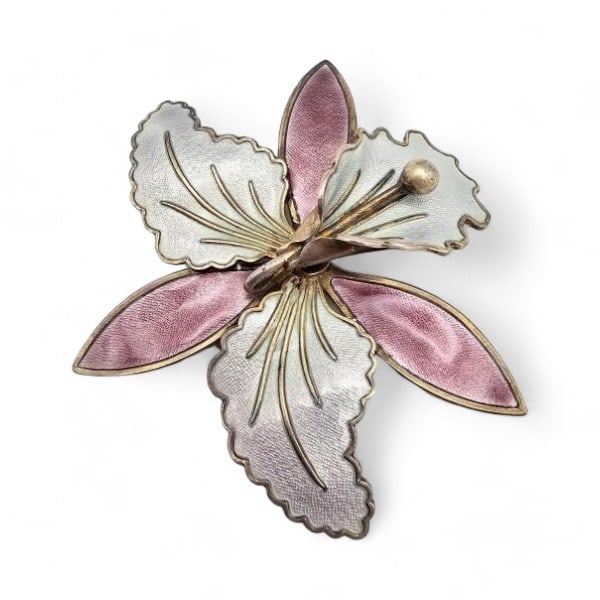 Norway Aksel Holmsen Guilloche Enamel Sterling Silver Purple Iris Flower Brooch 26 G: Norway Aksel Holmsen Guilloche Enamel Sterling Silver Purple Iris Flower Brooch 26 G