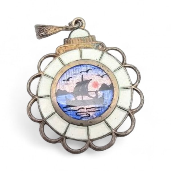 Norway Aksel Holmsen Guilloche Enamel Sterling Silver Viking Ship Scene Pendant 5.4 G (1 of 3)