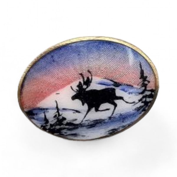 Norway O.F. Hjortdahl Guilloche Enamel Sterling Silver Moose Scene Brooch 5.1 G: Norway O.F. Hjortdahl Guilloche Enamel Sterling Silver Moose Scene Brooch 5.1 G