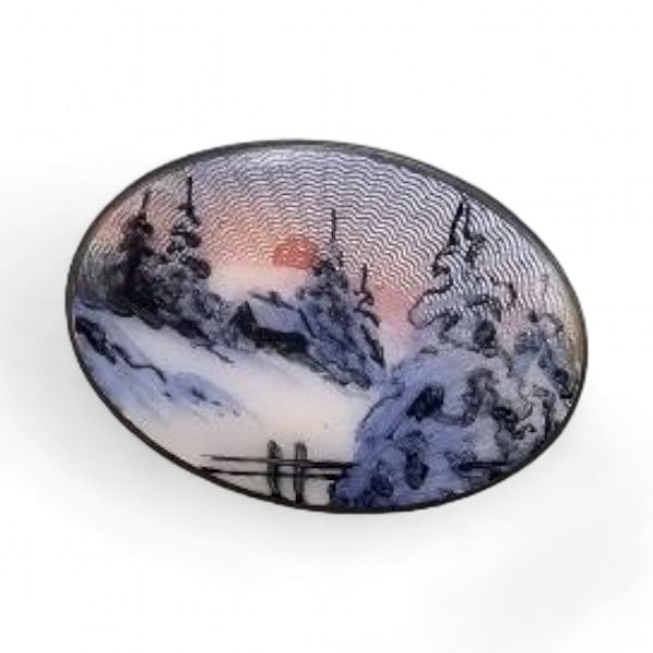 Norway Aksel Holmsen Guilloche Enamel Sterling Silver Country Scene Brooch 4.5 G: Norway Aksel Holmsen Guilloche Enamel Sterling Silver Country Scene Brooch 4.5 G
