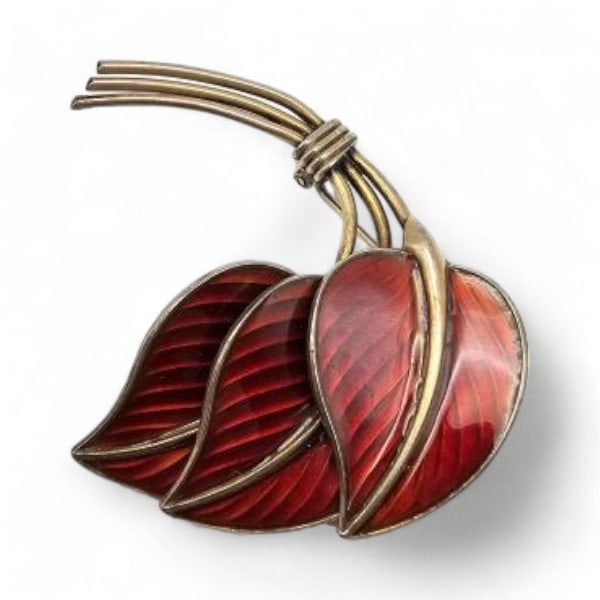 Norway Bernard Meldahl Guilloche Enamel Sterling Silver Red Leaf Brooch 14.9 G (1 of 3)
