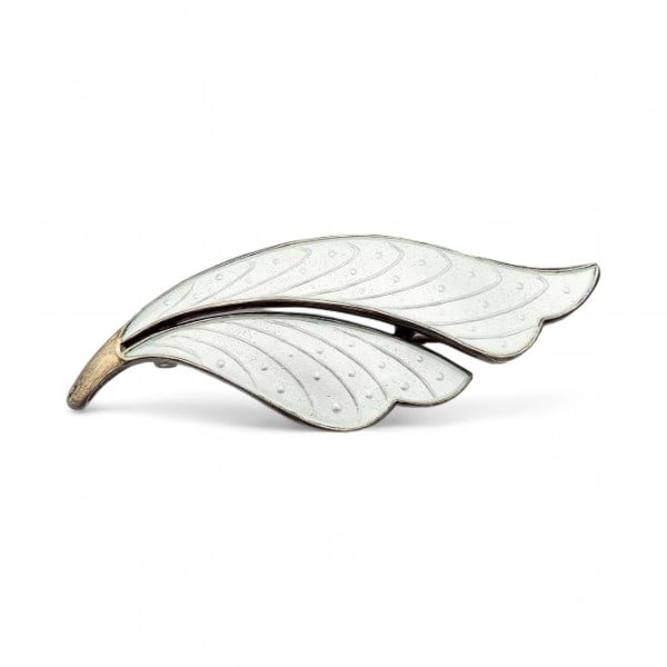 HP Guilloche Enamel Sterling Silver White Brooch 6 G: HP Guilloche Enamel Sterling Silver White Leaf Brooch 6 G