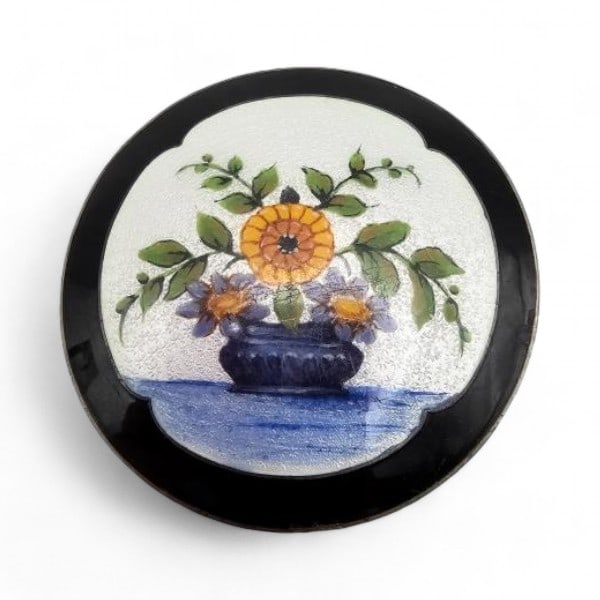 Large Vintage Clement Berg Guilloche Enamel Sterling Silver Floral Brooch 30.8 G: Large Vintage Clement Berg Guilloche Enamel Sterling Silver Floral Brooch 30.8 G