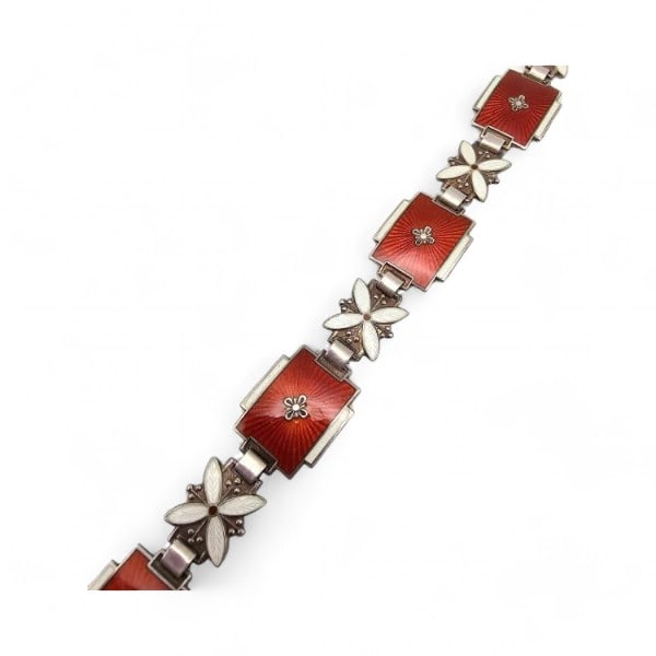 Norway Amazing Norne Guilloche Enamel Sterling Silver Red and White Bracelet 18.7 G (1 of 3)