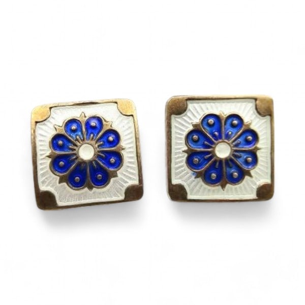 Norway DA David Andersen Guilloche Enamel Sterling Silver Blue and White Floral Earrings 2.2 G (1 of 3)