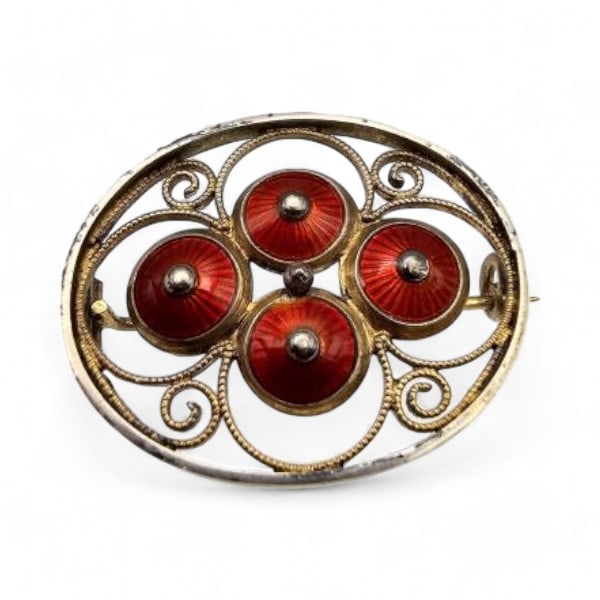 Norway Aksel Holmsen Guilloche Enamel Sterling Silver Red Brooch 5.7 G: Norway Aksel Holmsen Guilloche Enamel Sterling Silver Red Brooch 5.7 G