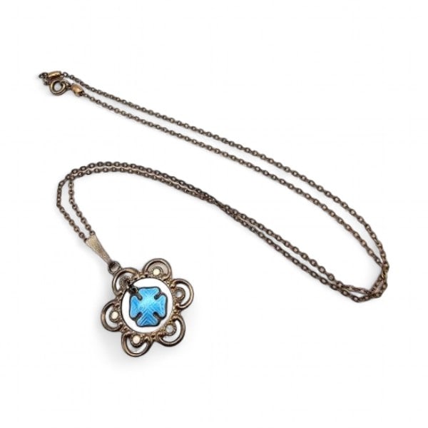 JA Guilloche Enamel Sterling Silver Necklace 4.8 G: JA Guilloche Enamel Sterling Silver Necklace 4.8 G