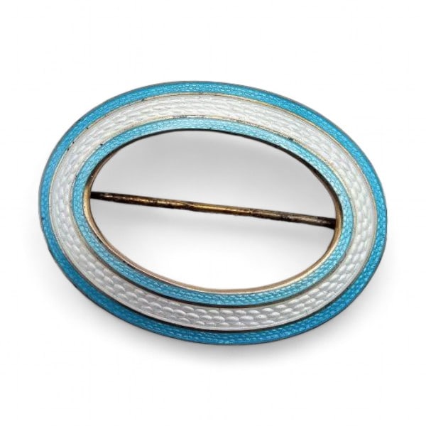 Signed Vintage Guilloche Enamel Sterling Silver Blue White Oval Brooch 16 G: Signed Guilloche Enamel Sterling Silver Blue White Brooch 16 G