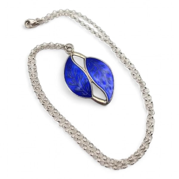 Denmark MEKA Guilloche Enamel Sterling Silver Blue Necklace 7.2 G: Denmark MEKA Guilloche Enamel Sterling Silver Blue Necklace 7.2 G