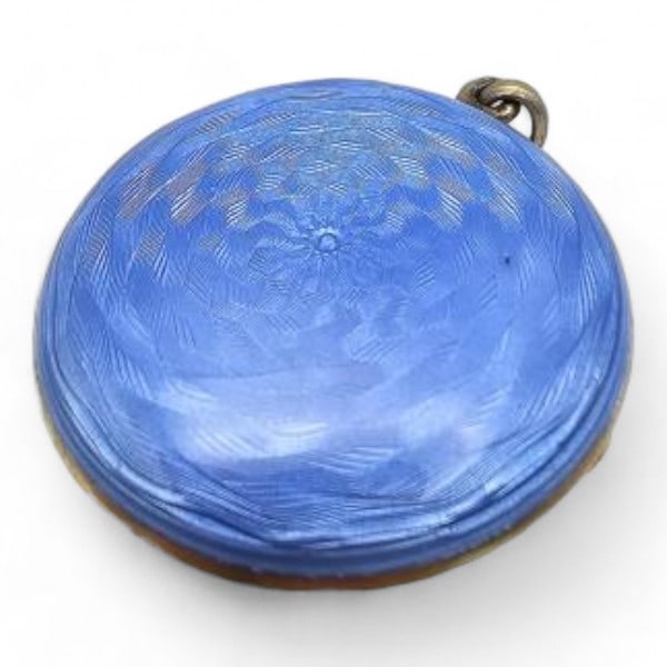 Signed Vintage Guilloche Enamel Sterling Silver Blue Round Makeup Compact Locket Pendant 20 G (1 of 4)