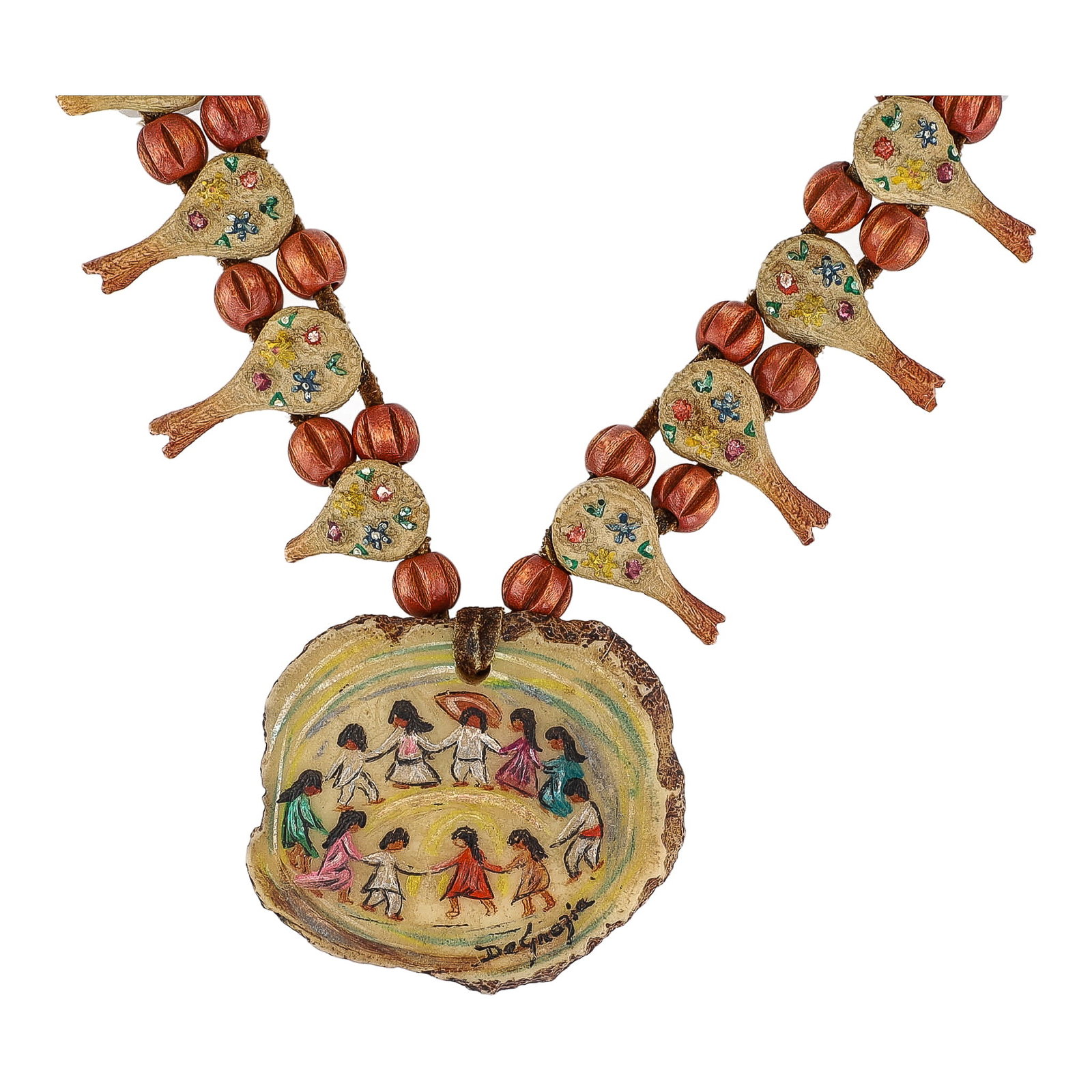 Ted DeGrazia 1970s Los Ninos Wood Carved Painted Squash Blossom Necklace As Is: Ted DeGrazia 1970s Los Ninos Wood Carved Painted Squash Blossom Necklace As Is- broken blossoms, as shown in pictures