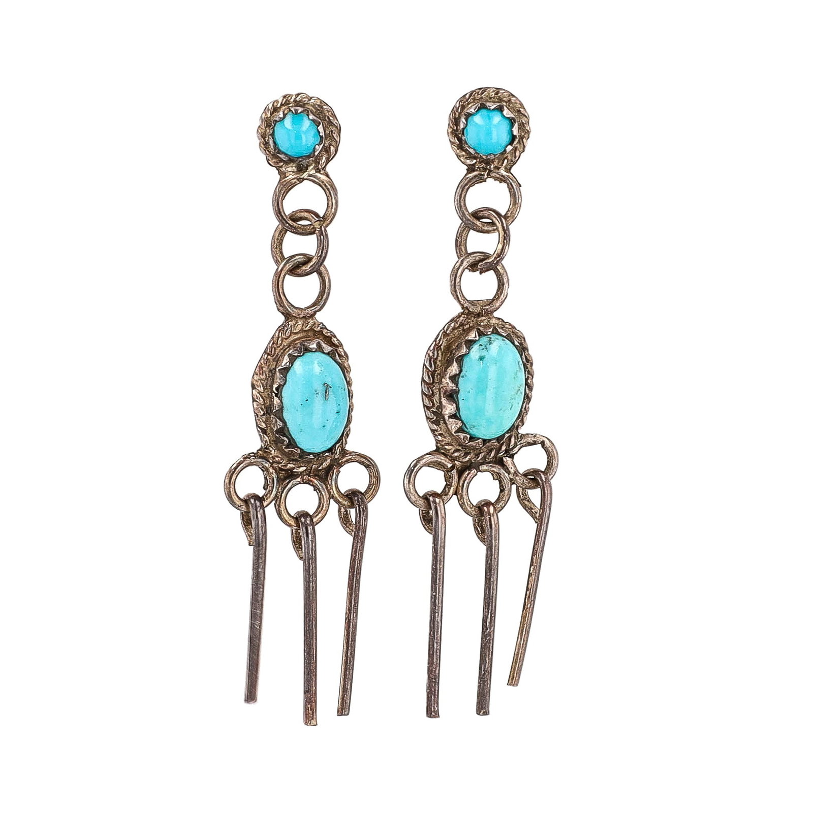 Signed RLE Navajo Turquoise Sterling Fringe Drop Dangle Earrings (1 of 4)