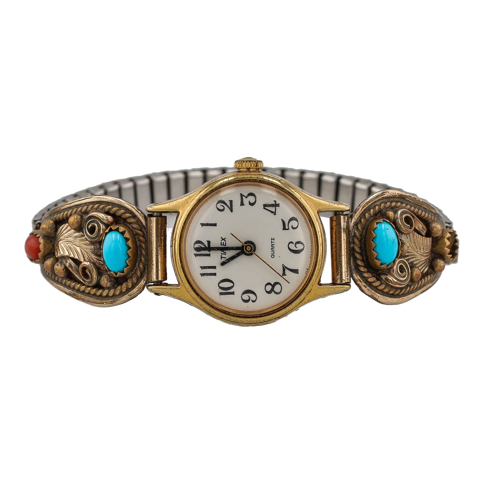 Justin Morris Navajo 12K Gold Fill Sterling Turquoise Coral Watch Nibs On Timex Watch As Is: Justin Morris Navajo 12K Gold Fill Sterling Turquoise Coral Watch Nibs On Timex Watch 20g-Missing Coral Stone