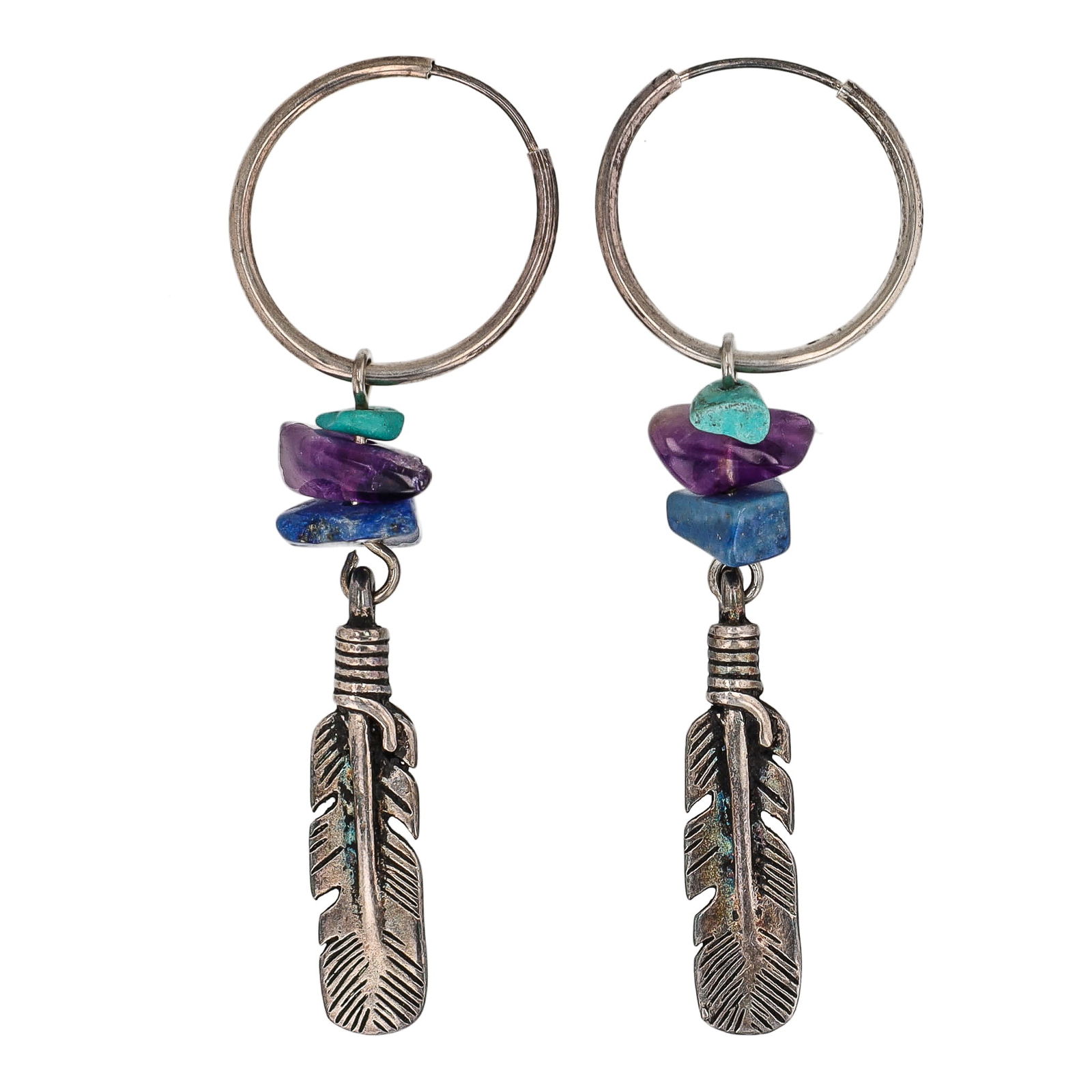 Vintage Navajo Turquoise Lapis Amethyst Sterling Feather Drop Dangle Earrings (1 of 3)