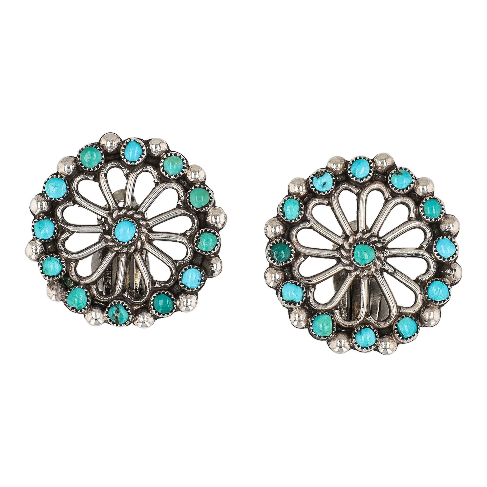 Vintage Zuni Turquoise Sterling Cluster Earrings (1 of 3)