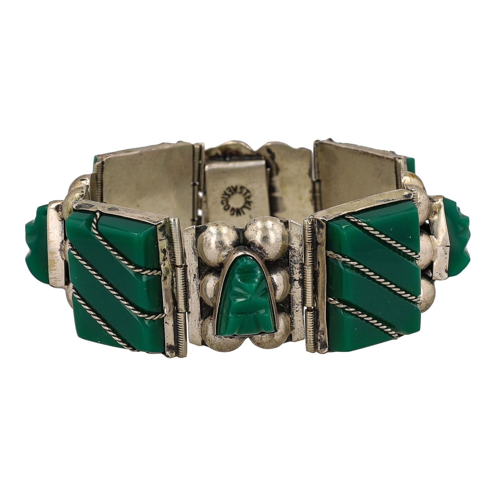 Vintage Mexico Green Onyx Carved Face Sterling Panel Bracelet (1 of 6)
