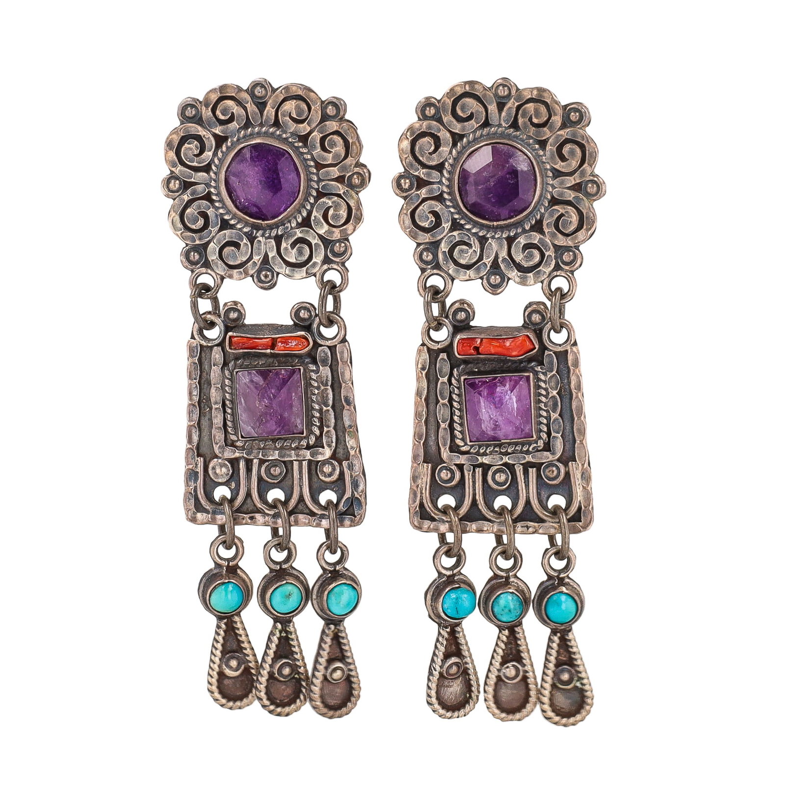 Vintage Mexico Matilde Poulat Style Turquoise Coral Amethyst Sterling Chandelier Earrings (1 of 4)