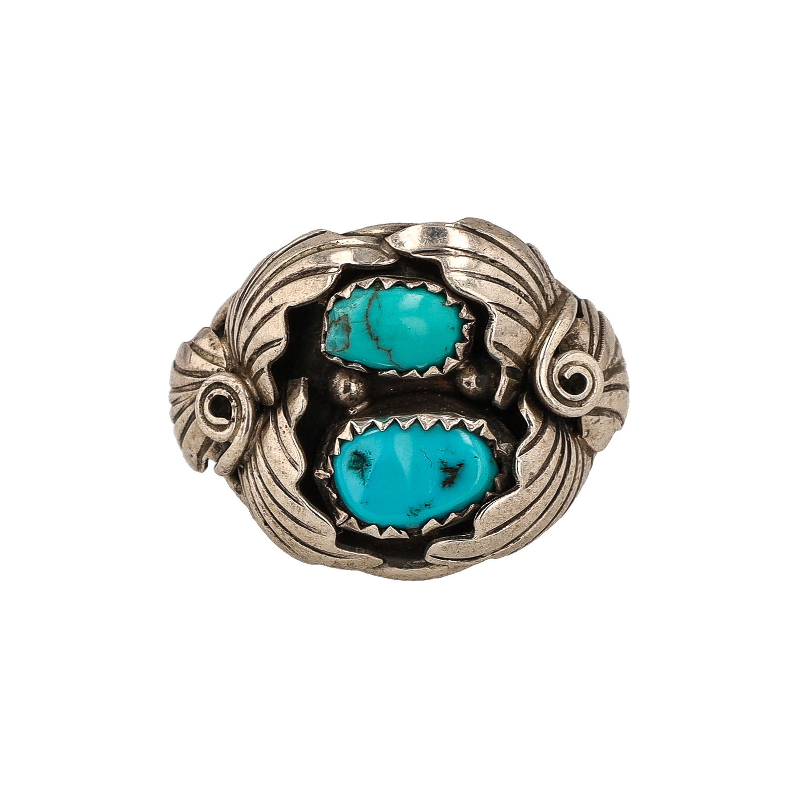 Signed J Navajo Turquoise Sterling Shadow Box Leaf Ring Sz. 11 (1 of 6)