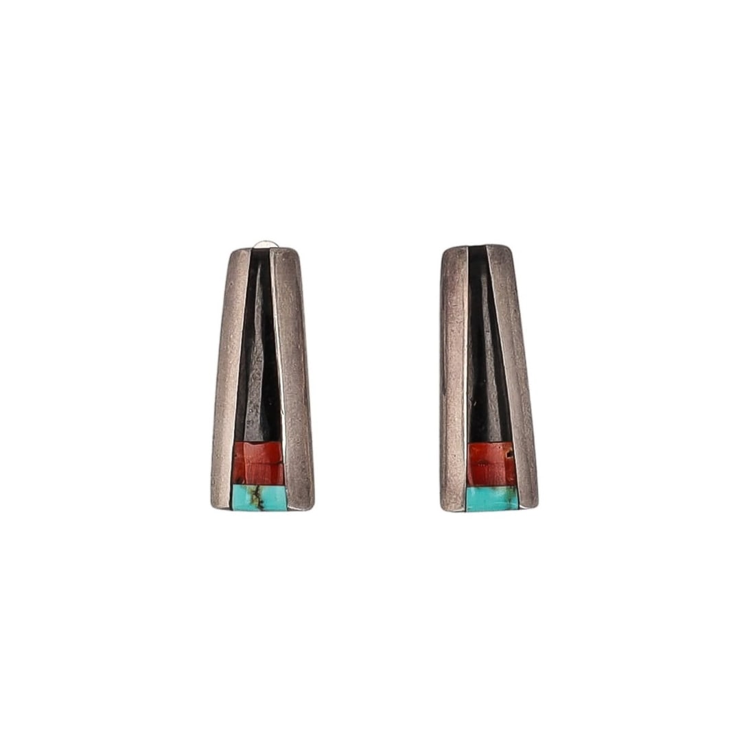 Jimmy Royer Navajo Onyx Coral Turquoise Sterling Inlay Earrings: Jimmy Royer Navajo Onyx Coral Turquoise Sterling Inlay Earrings 11g