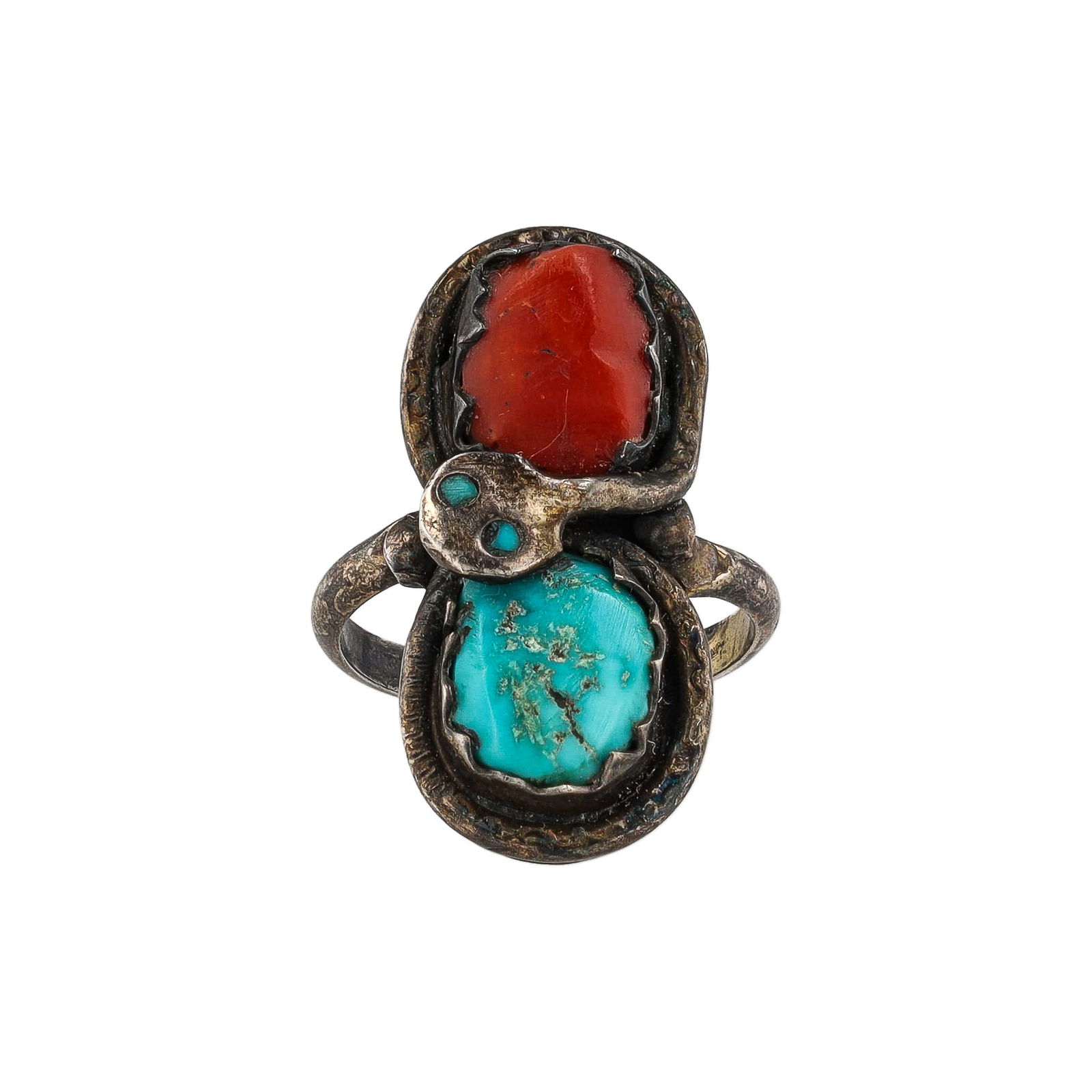 Effie Calavaza Zuni Turquoise Coral Sterling Slithering Snake Ring Sz. 6.25 (1 of 6)