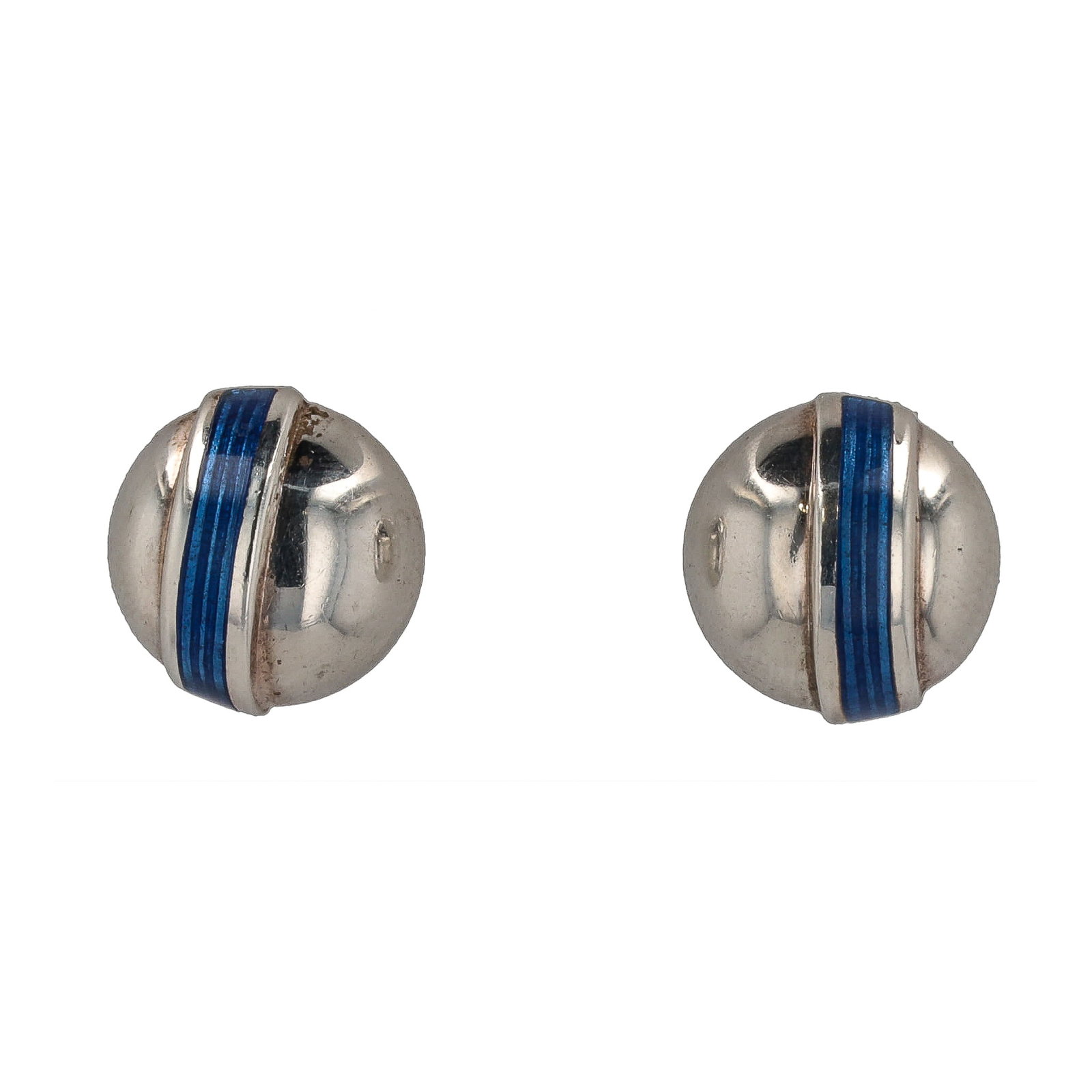Tiffany & Co Rare Blue Enamel Sterling Silver Stripe Dome Earrings (1 of 4)