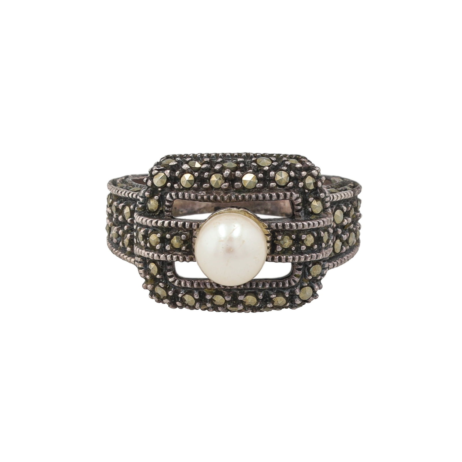 Judith Jack Marcasite Pearl Sterling Silver Cocktail Ring Sz. 6.5 (1 of 7)