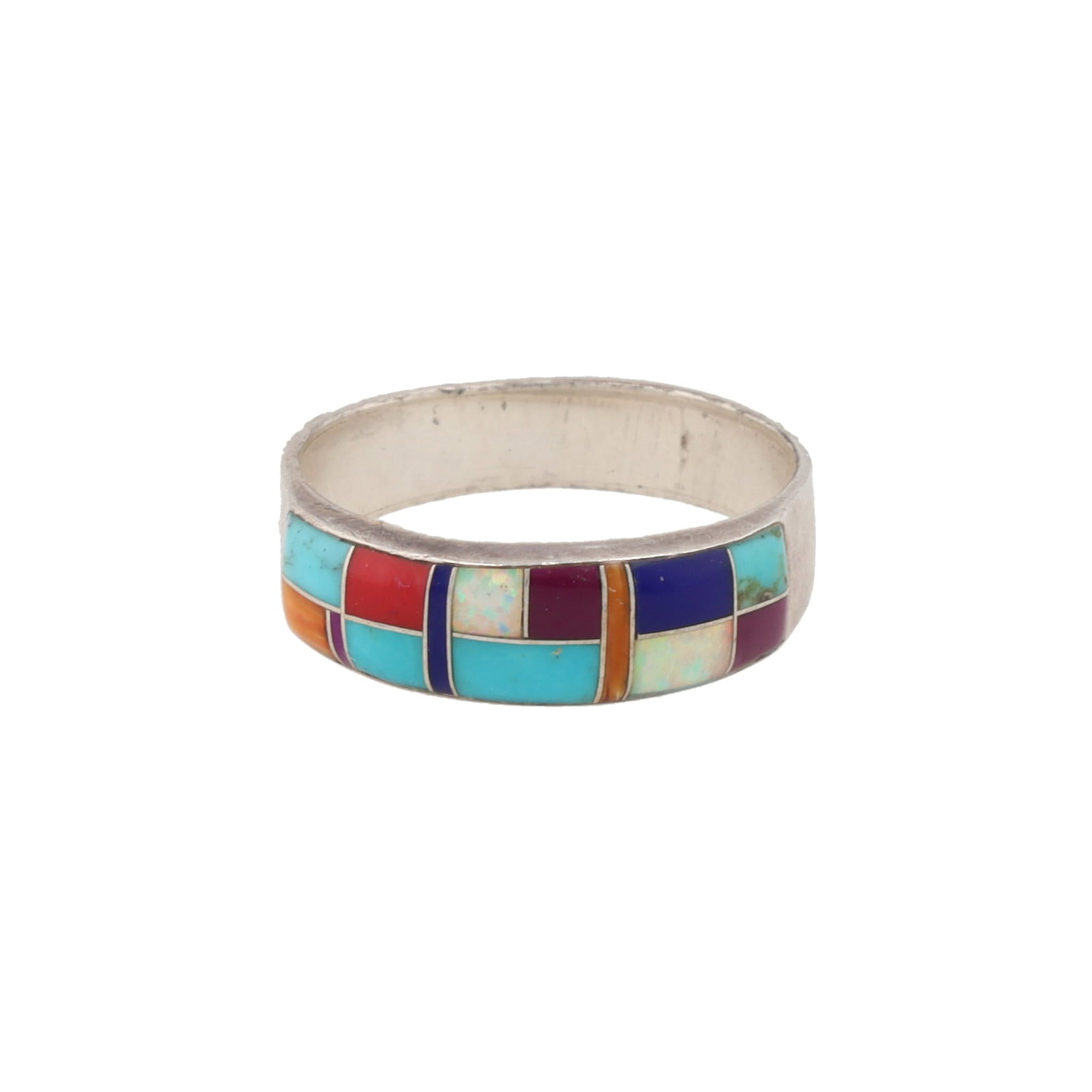 Navajo Multi Stone Sterling Inlay Ring Sz. 8.5: Navajo Multi Stone Sterling Ring Sz. 8.5, 3g-Spiny Oyster, Charoite, Lapis, Opal, Onyx, Coral