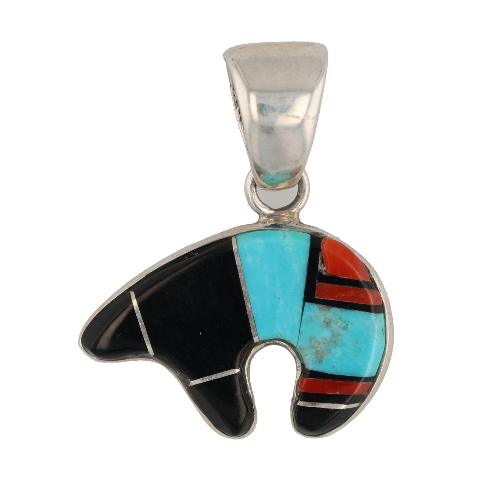 Reversible Coral Turquoise Onyx Sterling Heartline Bear Inlay Pendant (1 of 4)