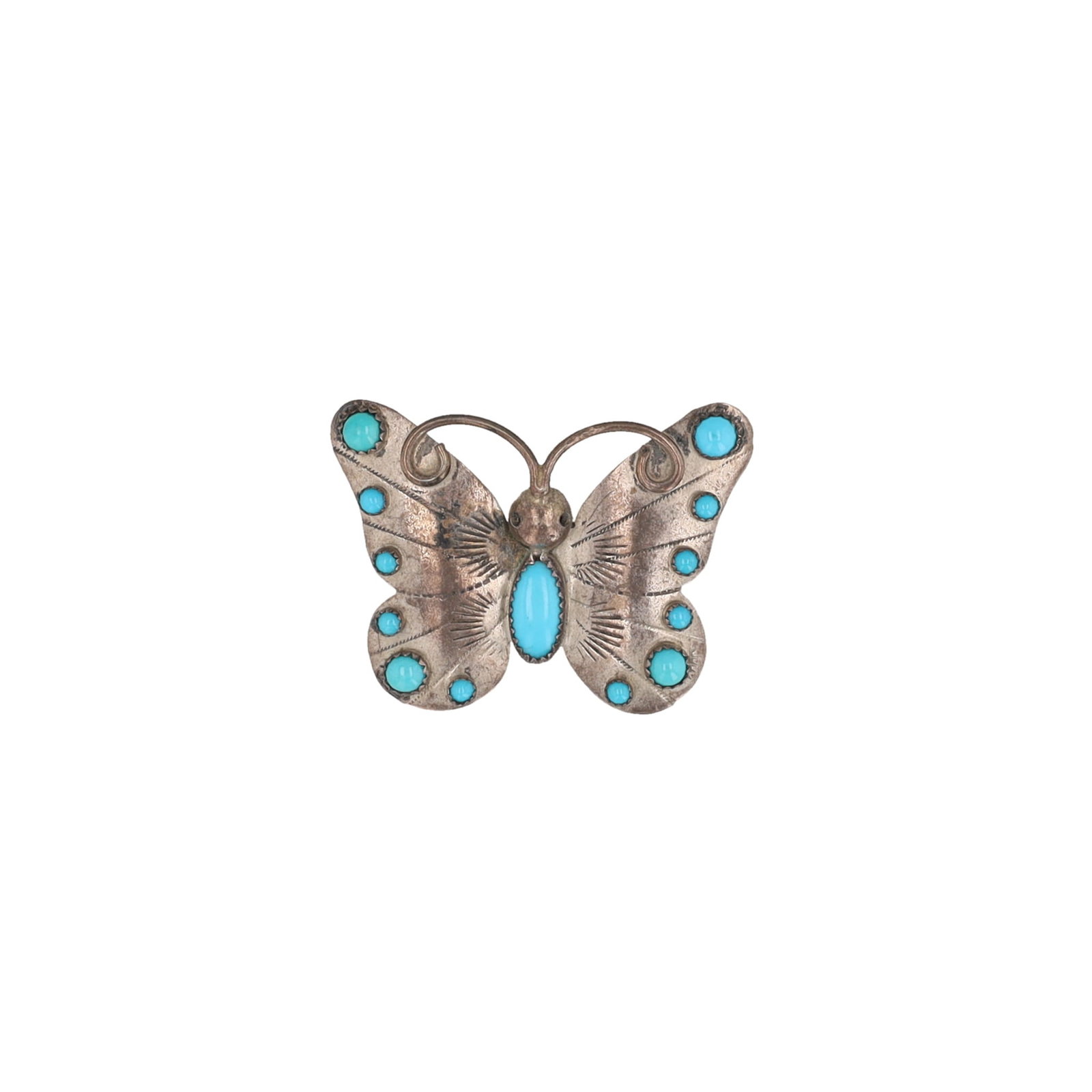 Frank Yazzie Navajo Turquoise Sterling Stamped Butterfly Brooch: Frank Yazzie Navajo Turquoise Sterling Stamped Butterfly Brooch 9.5g