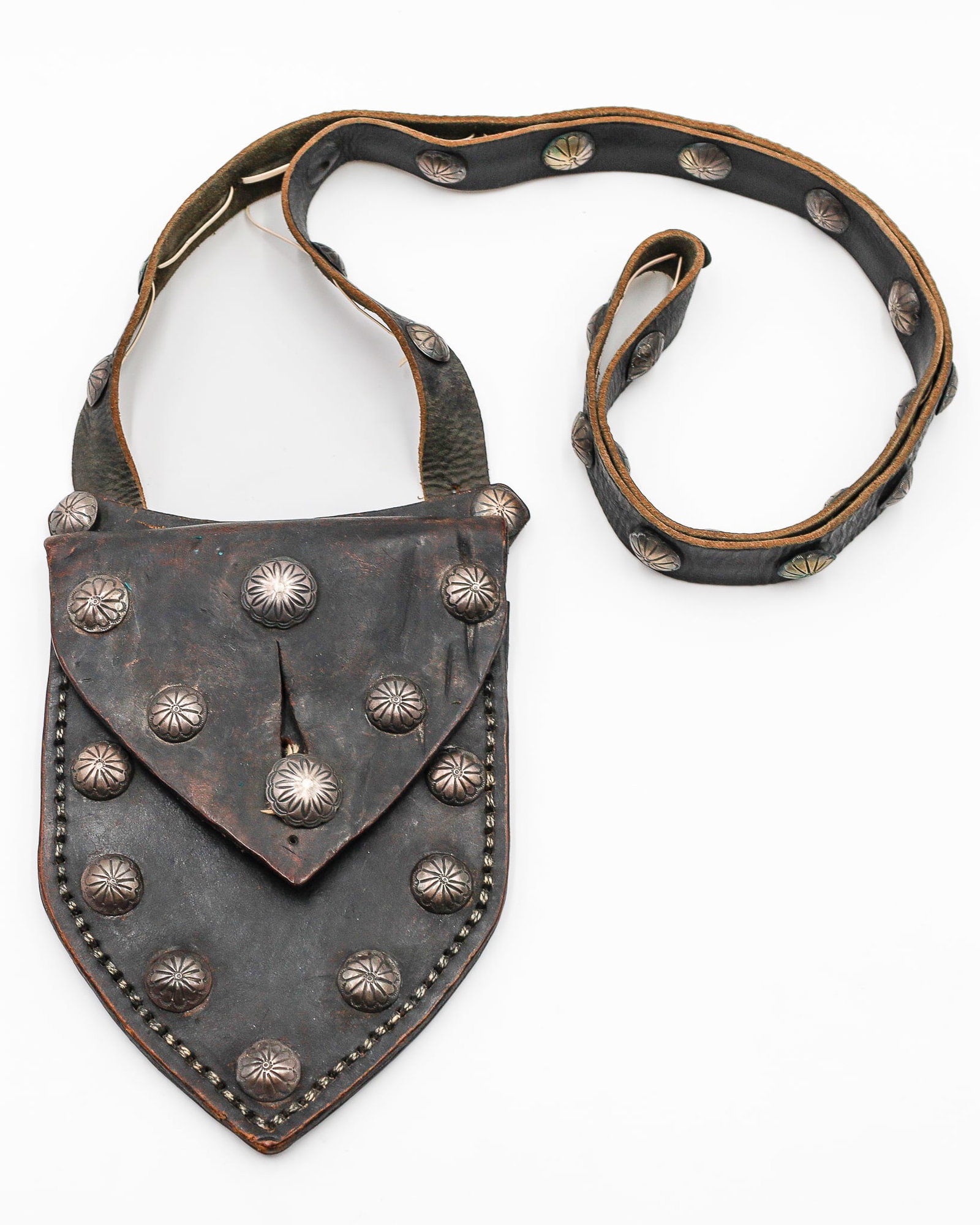Navajo Sterling Concho Bandolier Bag: Navajo Bandolier Bag Leather with Sterling Concho Bag 56" Strap End To End