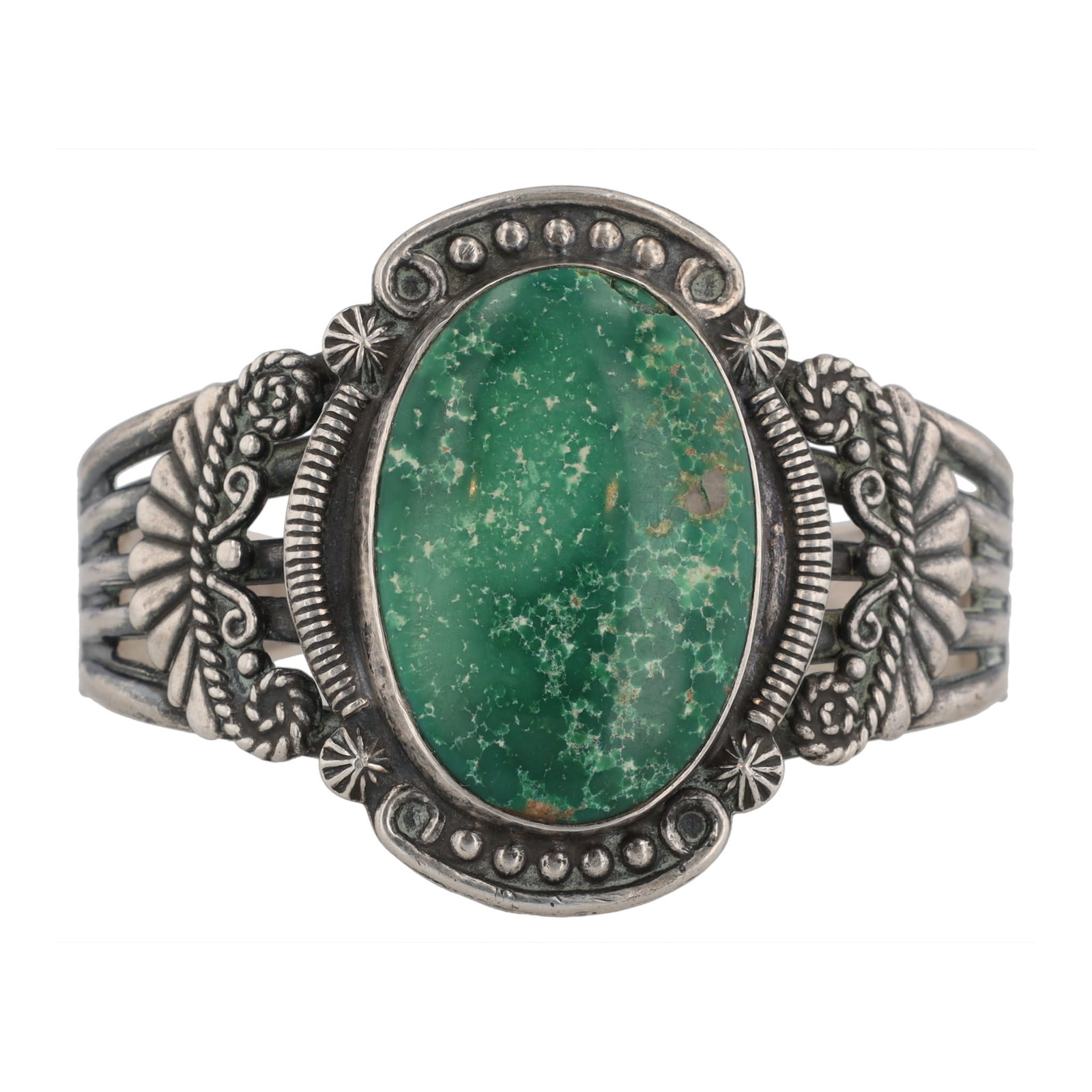 Early Navajo Nickel Silver Green Turquoise Cuff Bracelet (1 of 6)