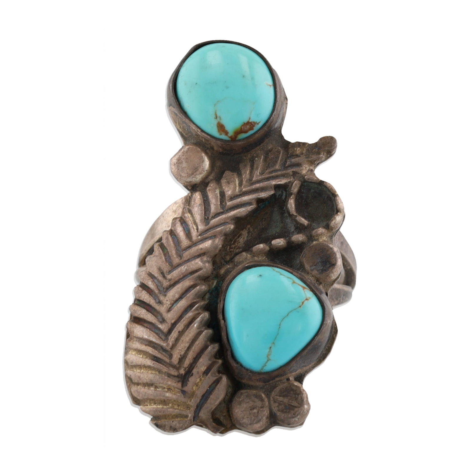 Signed JD Navajo Turquoise Sterling Leaf Ring Sz. 7.25 (1 of 6)