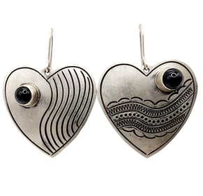 Don Lucas Southwestern Anglo Sterling Onyx Heart Earrings 9.4g