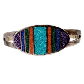 Vintage Signed Coleman Company Crushed Inlay Sterling Cuff Bracelet 30.1g