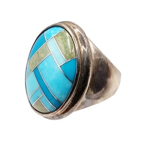 Carolyn Pollack Relios Vintage Sterling Turquoise Inlay Ring Sz 6.5 8.6g