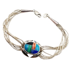 Relios And Carlisle Jewelry Co. Vintage Sterling Inlay Multistone Liquid Silver Bracelet 7.2g