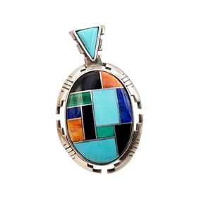 Carlisle Jewelry Co. Of Albuquerque Sterling Turquoise Multi Stone Inlay Pendant 7.1g