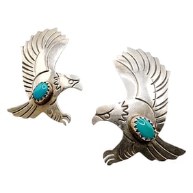 Navajo Sterling Eagle Turquoise Earrings 5.4g