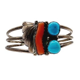 Navajo Sterling Coral Turquoise Cuff Bracelet 16.8g