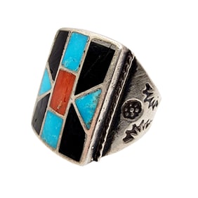 Navajo Stamped Coral Turquoise Inlay Men's Ring Sz 10.5 15g