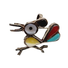 Zuni Handsigned Sterling Multistone Roadrunner Brooch 3g